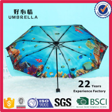 Sea World Unique Design Organisme marin imprimé à l&#39;intérieur noir à l&#39;extérieur 3 pliant Sun Umbrella Design peut imprimer Publicité